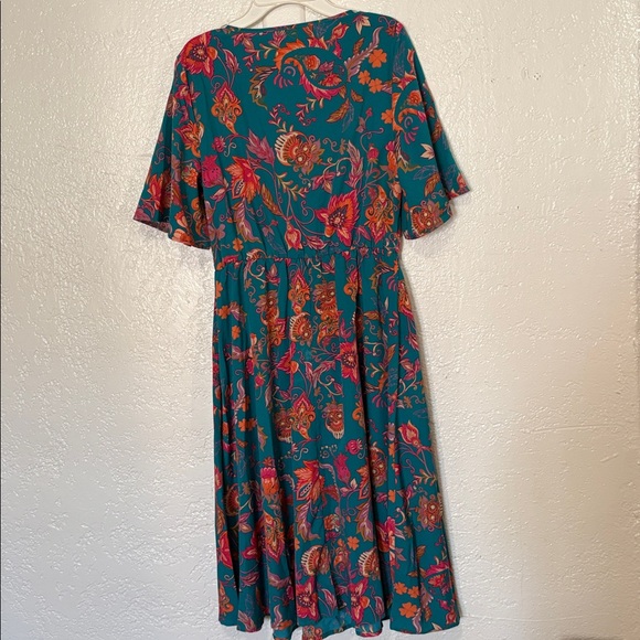 Floral Teal Dress w/ Pink/Orange Accents Rouched Top - Picture 6 of 7